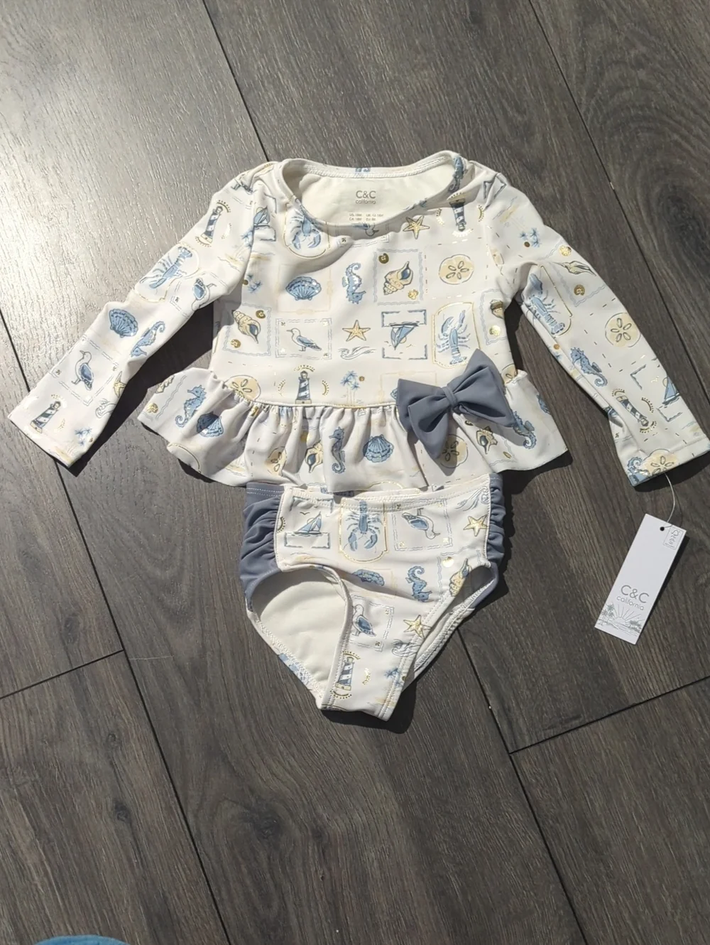 C&C California Cream & Light Blue Nautical Baby Two-Piece Swim Set